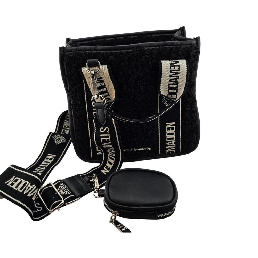 Steve Madden Sherpa Black Tote Bag Removable Strap and Coin Purse‎